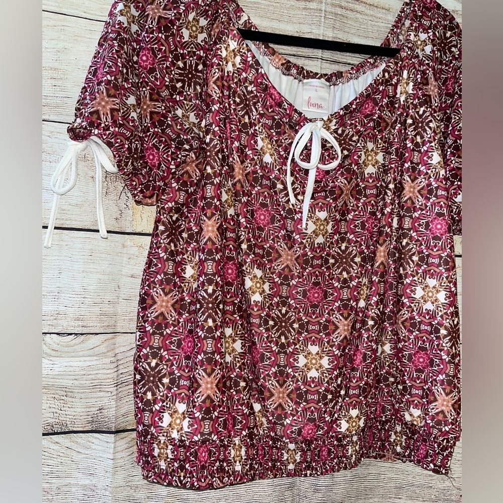 🤎3/$10 Luna Pink and Brown Blouse Size Large - Picture 5 of 8